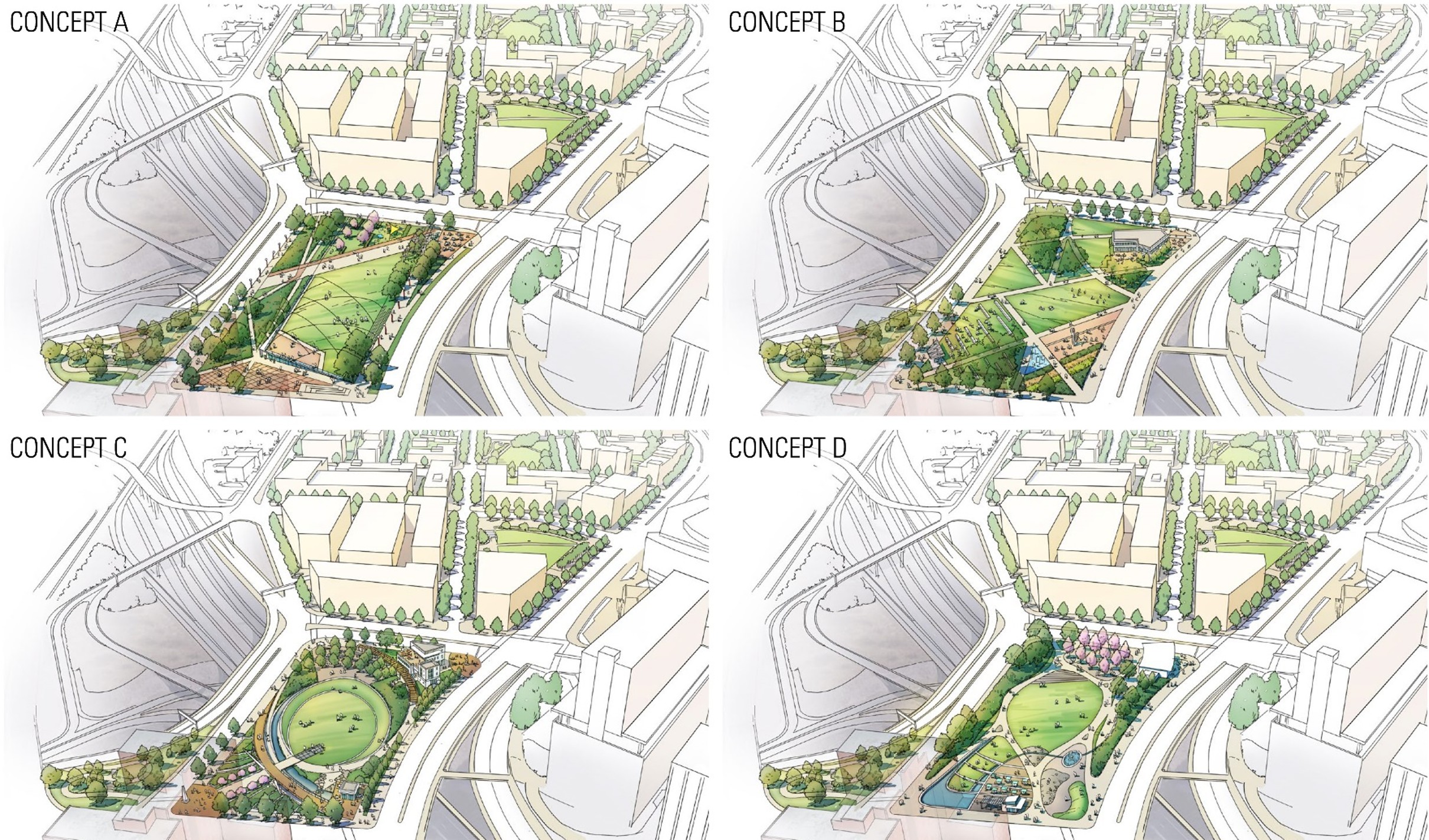 Four concept renderings labeled A through D showing alternative design options for Frankie Pace Park, each illustrating different layouts of green space, pathways, landscaping, and gathering areas.